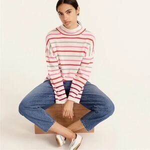 J. CREW 100% Cashmere Rollneck Striped Sweater Size S Snow White Dark Berry